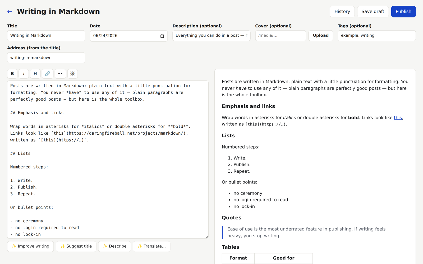 Editorul plain: textul în Markdown în stânga, previzualizarea paginii în dreapta